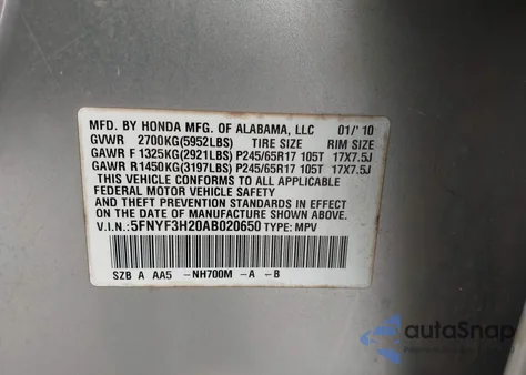 2010 Honda Pilot Lx from USA, damaged, VIN 5FNYF3H20AB020650